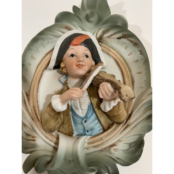 Vtg Hand Painted Porcelain Bisque Wall Hanging Decor Boy Girl Musical Instrument - Picture 7 of 12